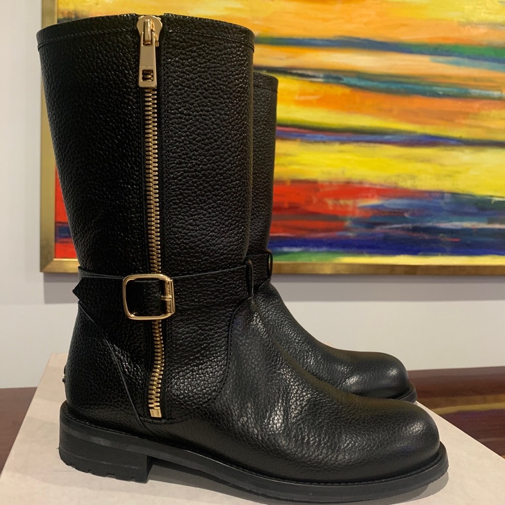 Jimmy Choo Black Durum Pebbled Leather Moto Boots With Gold Size 37.5 Edgy Glam!